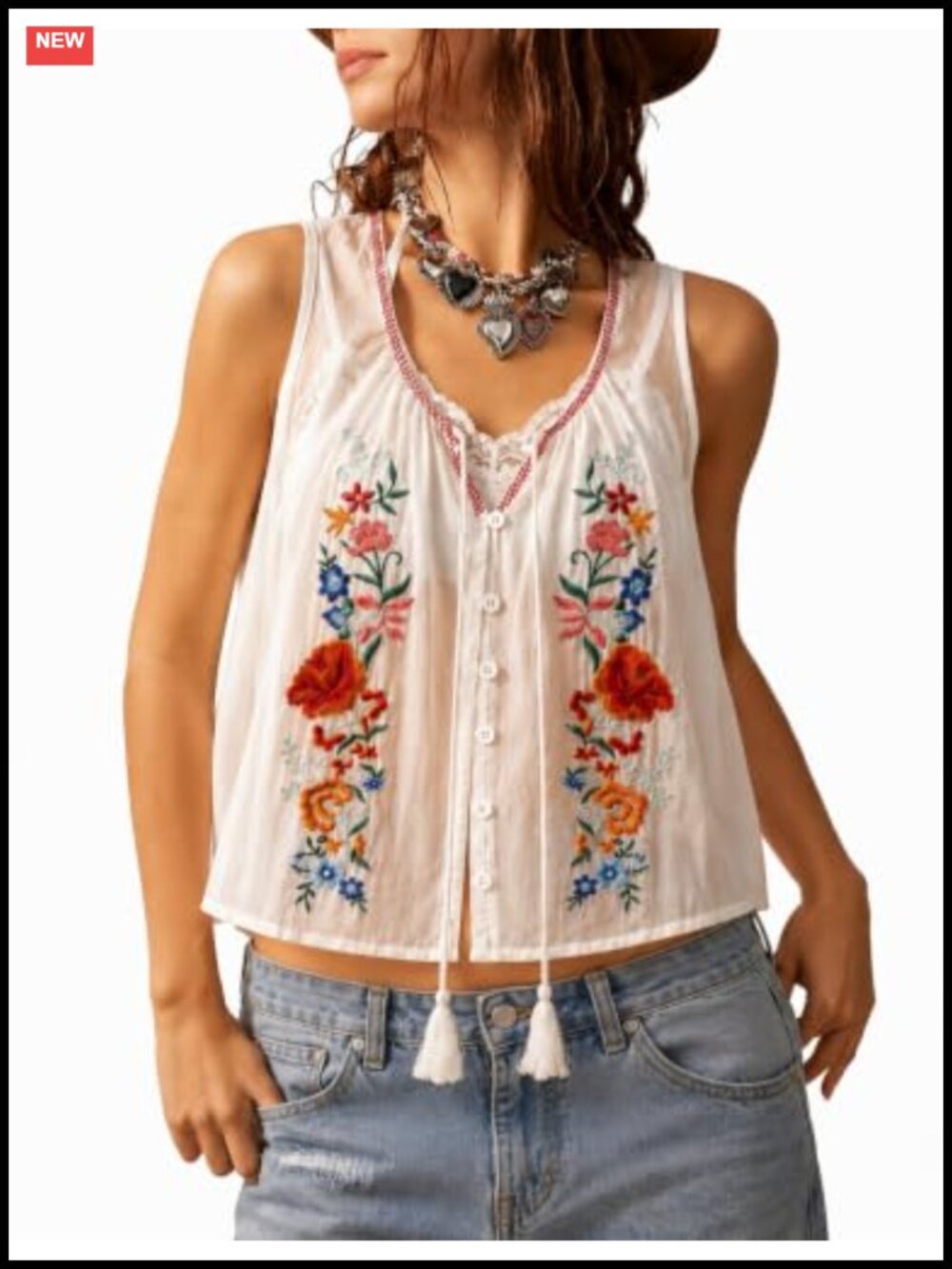Women's Cotton Floral Embroidered Tank Top Crop Bow Tie Boho Sleeveless Blouse